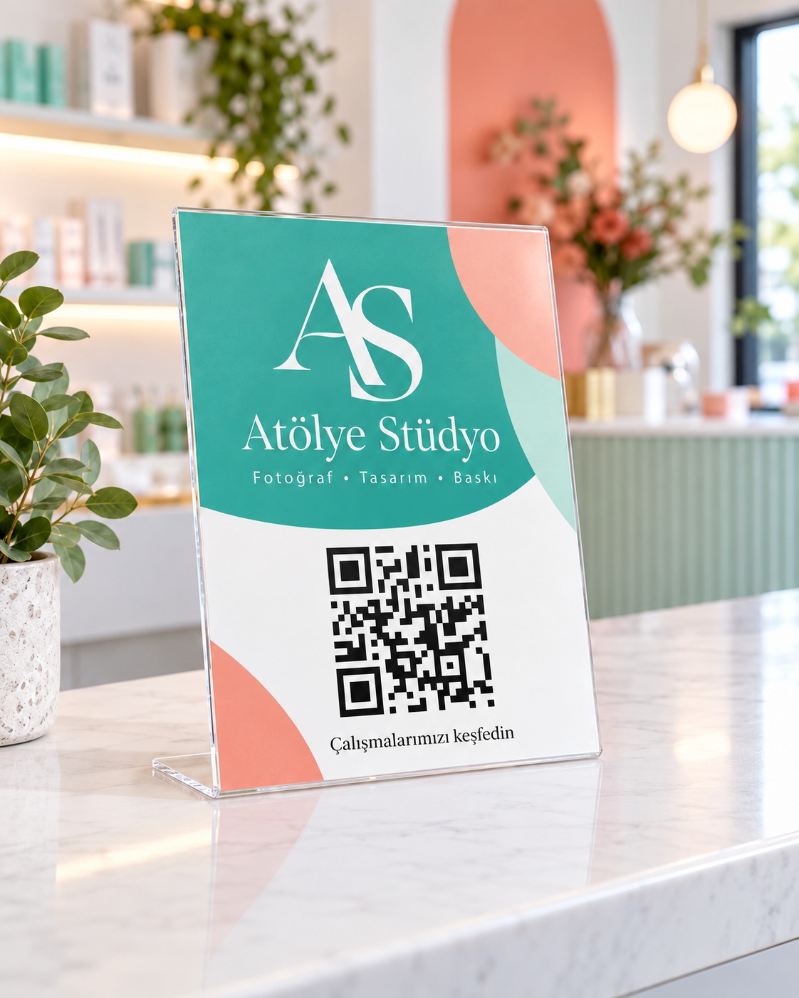 Smart-QR-Stand von Atölye Stüdyo: direkt bedruckter L-förmiger Acrylaufsteller mit Firmendesign und Smart-QR-Code