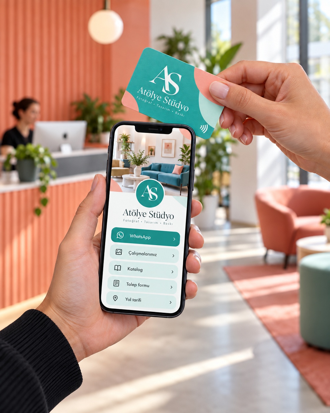 Eine Hand hält die NFC-Karte von Atölye Stüdyo an ein Telefon; auf dem Bildschirm ist eine Beispiel-Linke-Seite geöffnet